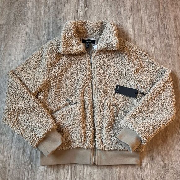 Forever 21 Women's Bomber Jacket Faux Shearling Zip-Up Coat Beige Tan Medium - Picture 2 of 8